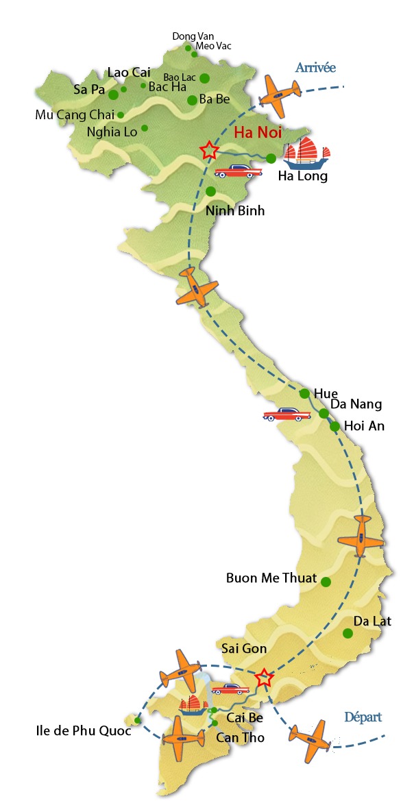 Carte du circuit Voyage de noces au Vietnam en 2 semaines avec l'agence de voyage locale Tonkin Voyage 